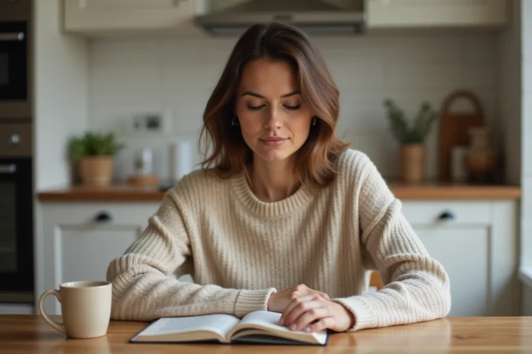 Femme dans sa quarantaine lisant un livre dans la cuisine