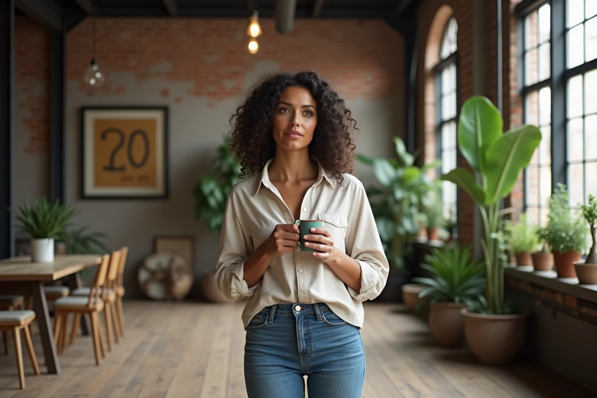 Femme dans un loft industriel avec plantes et œuvres d'art
