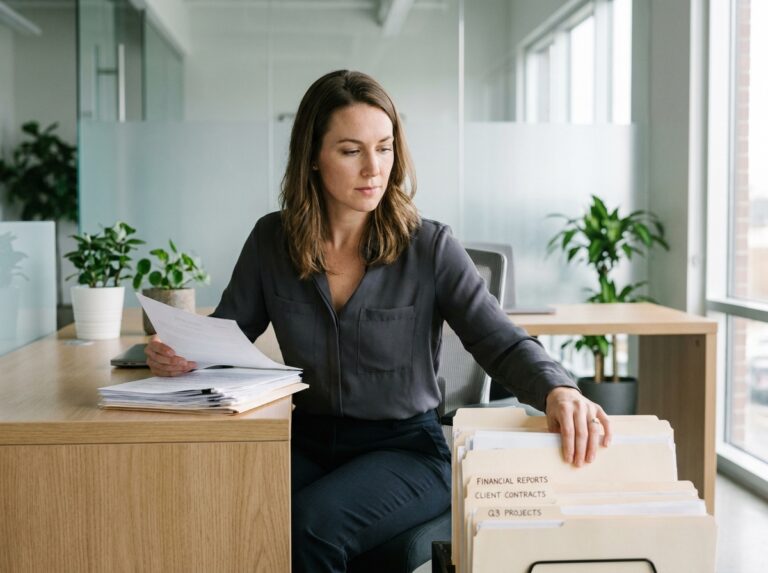 Femme en bureau organisant des dossiers professionnels