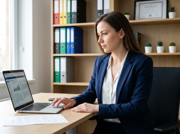 Femme d affaires en bureau avec documents et ordinateur