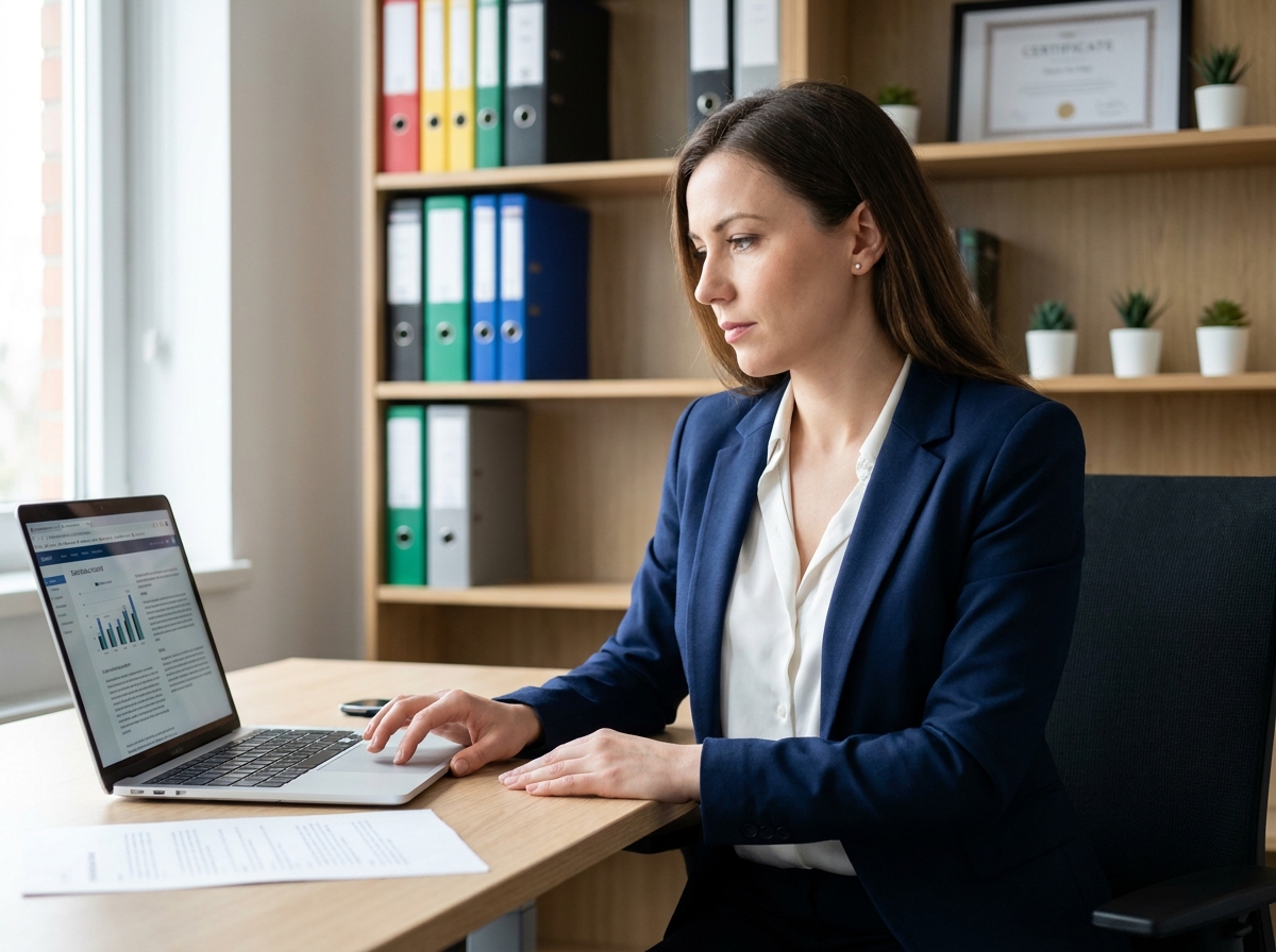 Femme d affaires en bureau avec documents et ordinateur