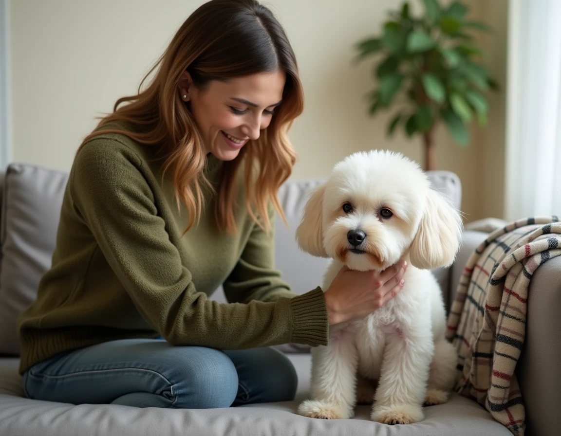 Femme réconfortant son bichon frisé semblant triste et fatigué après une séance de toilettage à domicile