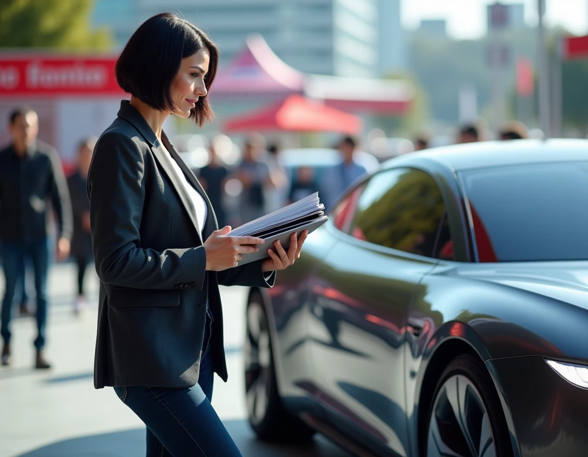 Femme passionnée d'automobile consultant un catalogue lors d'un salon automobile extérieur en 2024