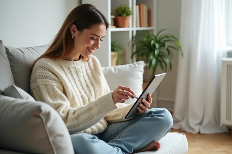 Femme faisant du shopping en ligne sur une tablette depuis son canapé dans un salon scandinave moderne