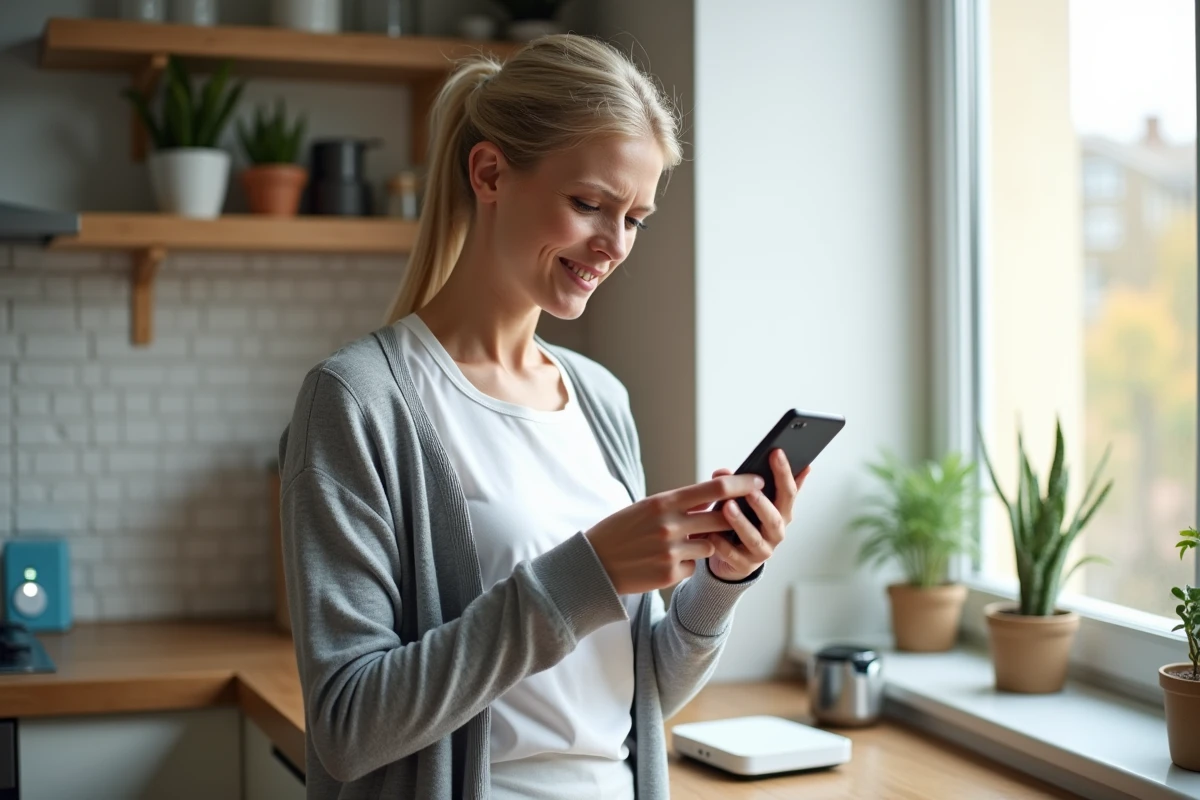 Femme regardant son smartphone avec box internet Bouygues