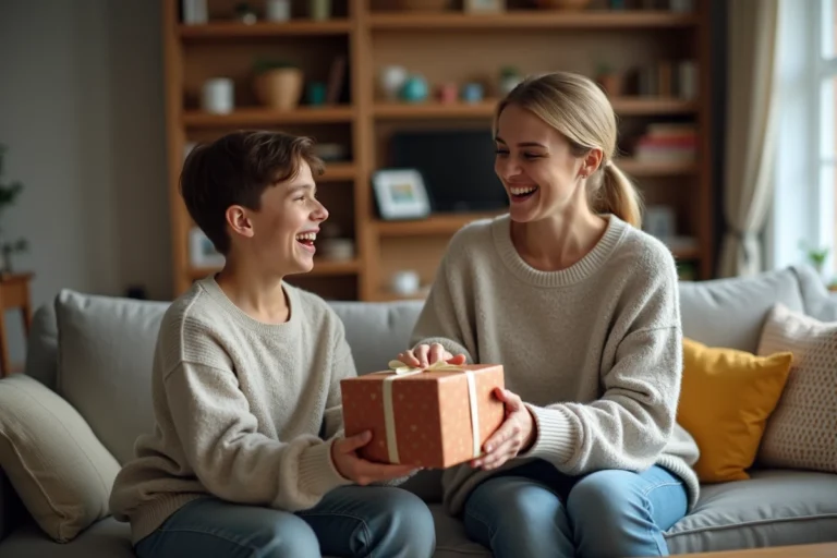 Femme souriante offrant un cadeau anniversaire à un adolescent
