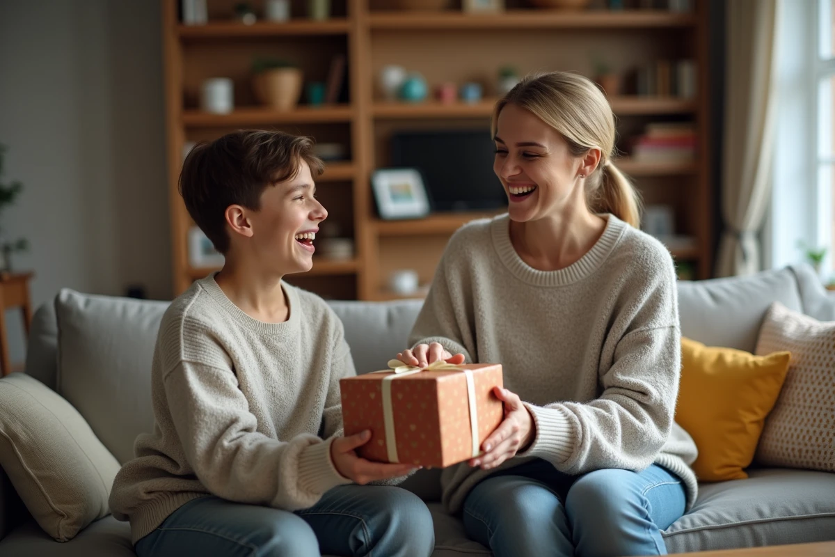 Femme souriante offrant un cadeau anniversaire à un adolescent