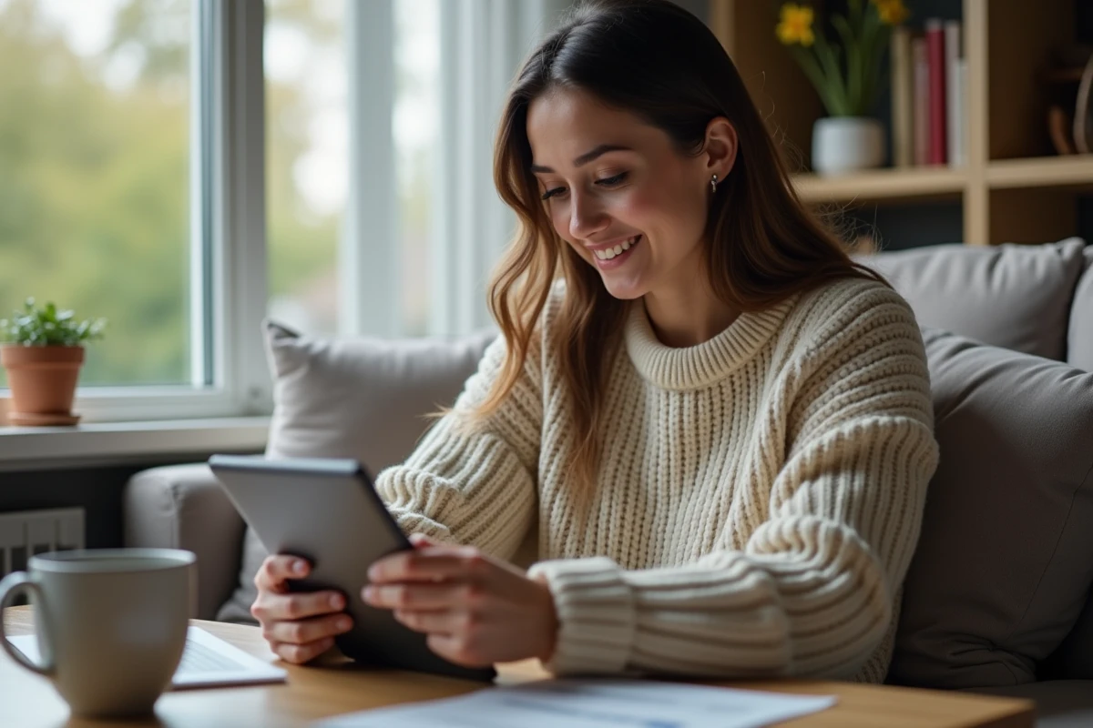 Femme souriante utilisant une tablette dans un salon cosy