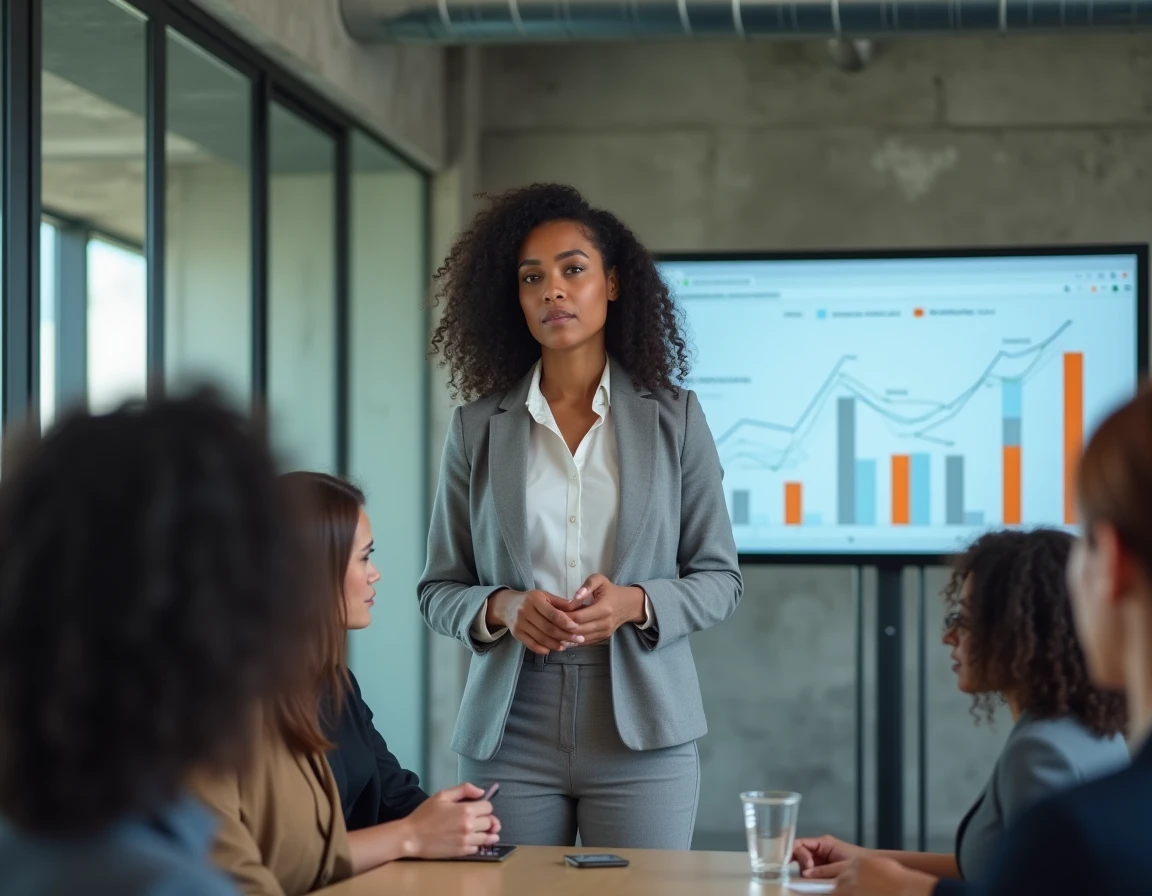Formatrice SEO donnant une présentation de stratégie de référencement à une équipe dans un espace de coworking moderne