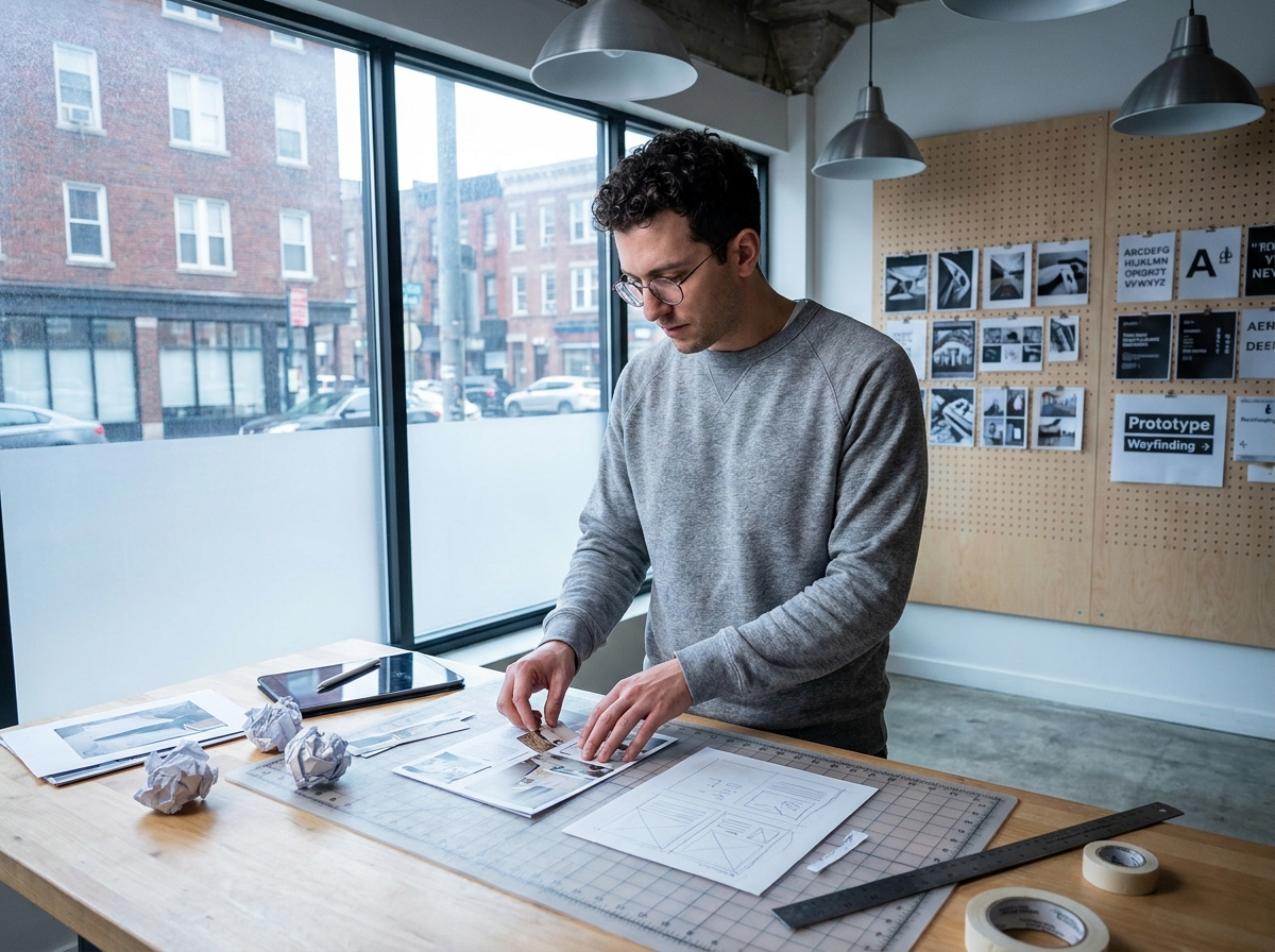 Graphiste debout à une table à dessin travaillant sur des maquettes de mise en page éditoriale et des prototypes de signalétique dans un studio minimaliste urbain