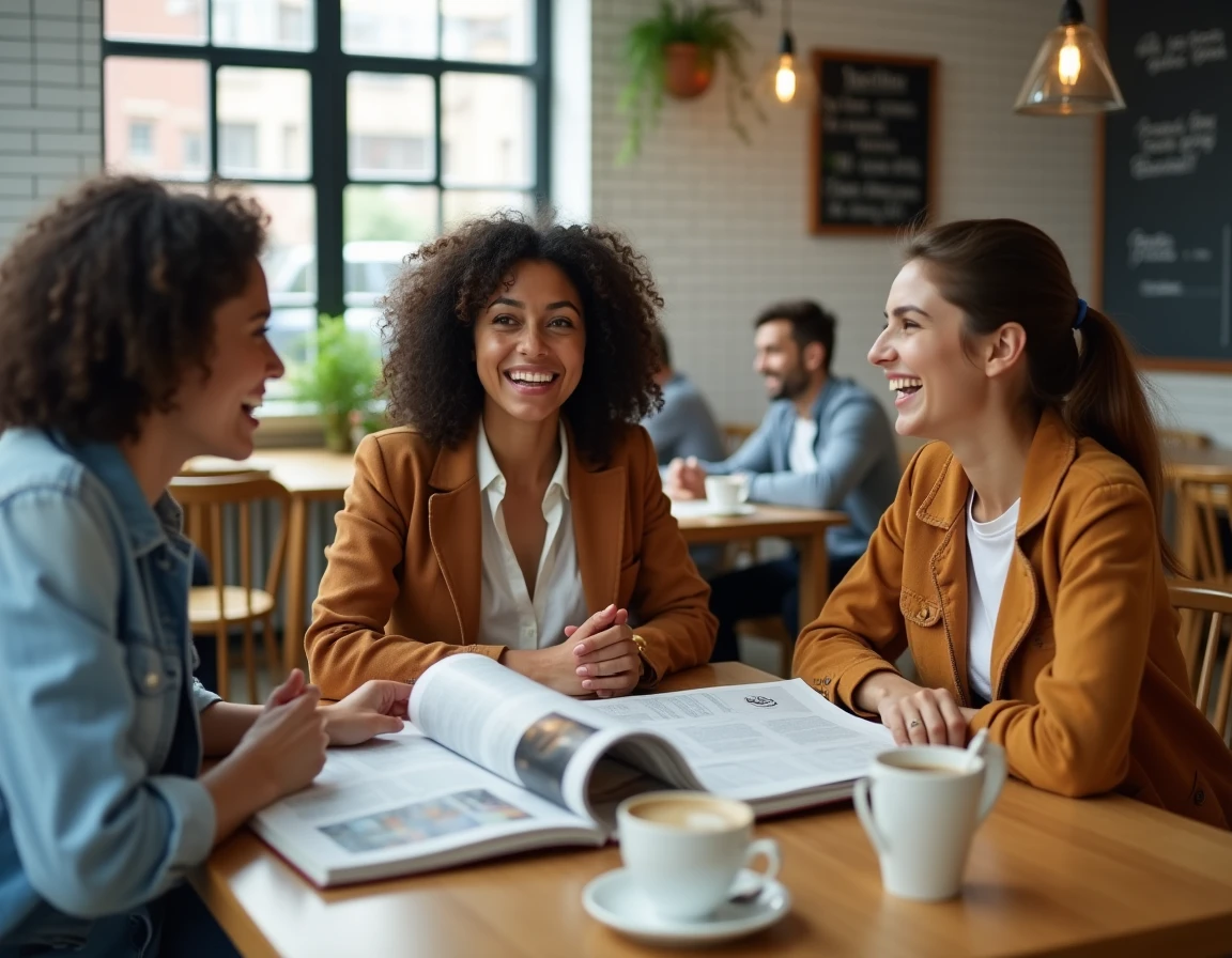 Groupe d'amis discutant d'actualités et d'inspirations positives autour d'un magazine dans un café urbain