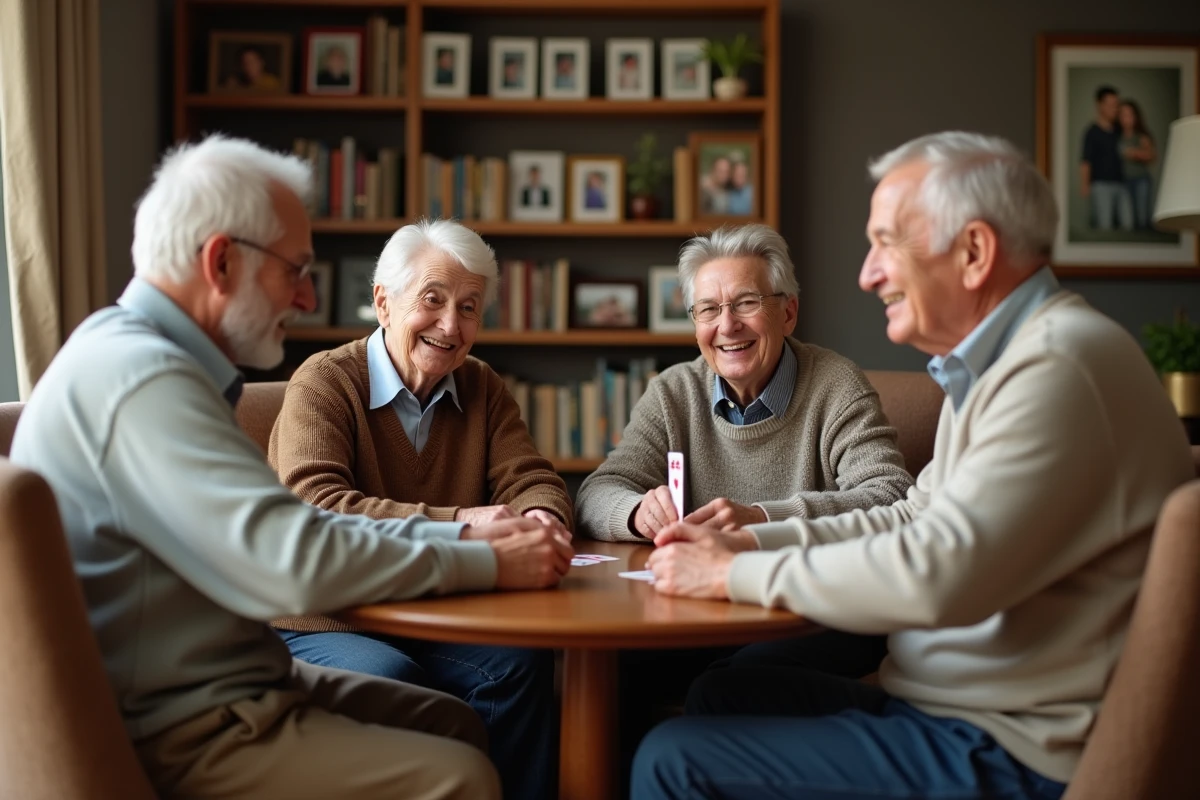 Groupe de seniors jouant aux cartes dans un salon chaleureux