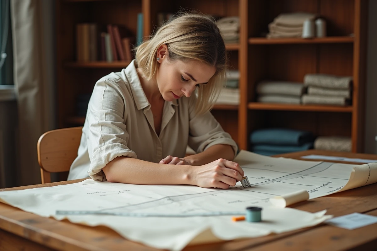 Femme consultant un guide de mesure de robe avec un mètre ruban dans un atelier de couture à domicile