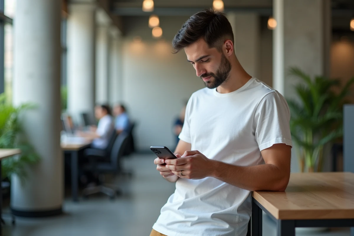 Homme consultant une application de plateforme freelance sur smartphone dans un espace de coworking moderne