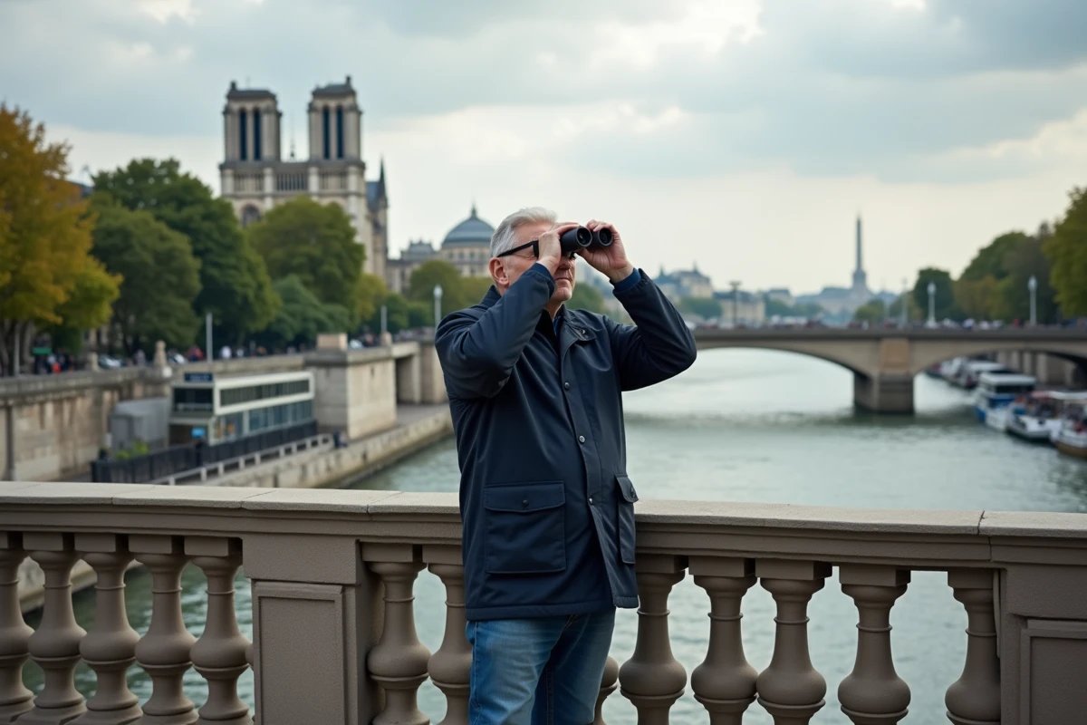 Homme avec jumelles sur un bateau à Paris