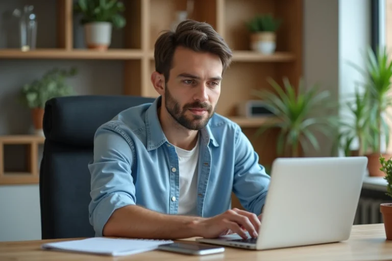 Homme concentré travaillant sur son ordinateur dans un bureau moderne