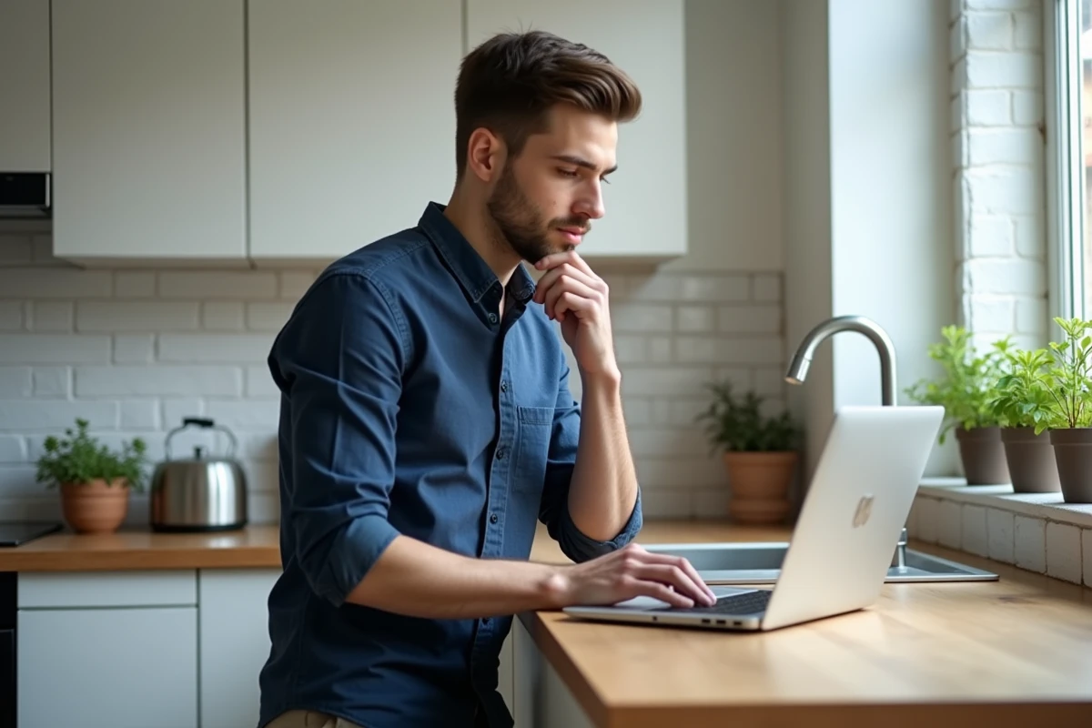 Homme comparant des produits en ligne sur un ordinateur portable dans une cuisine urbaine moderne