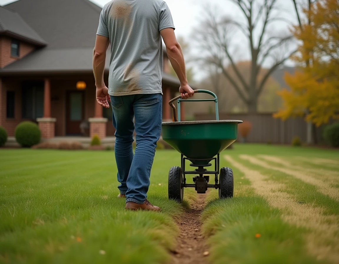 Homme utilisant un épandeur manuel pour fertiliser une grande pelouse résidentielle avec un engrais naturel en automne