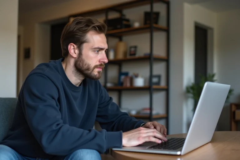 Homme concentré devant un ordinateur avec erreur Bouygues