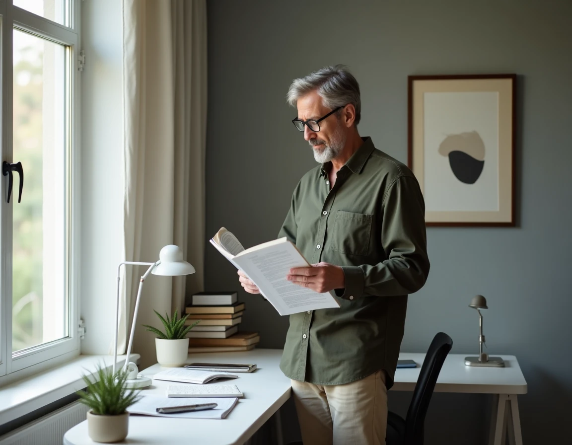 Homme d'âge moyen lisant le magazine Flow3 dans un espace de travail minimaliste scandinave