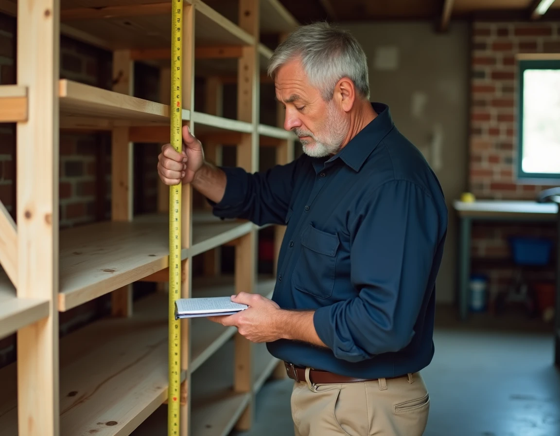 Homme mesurant une étagère en bois dans un garage avant installation pour vérifier les dimensions disponibles