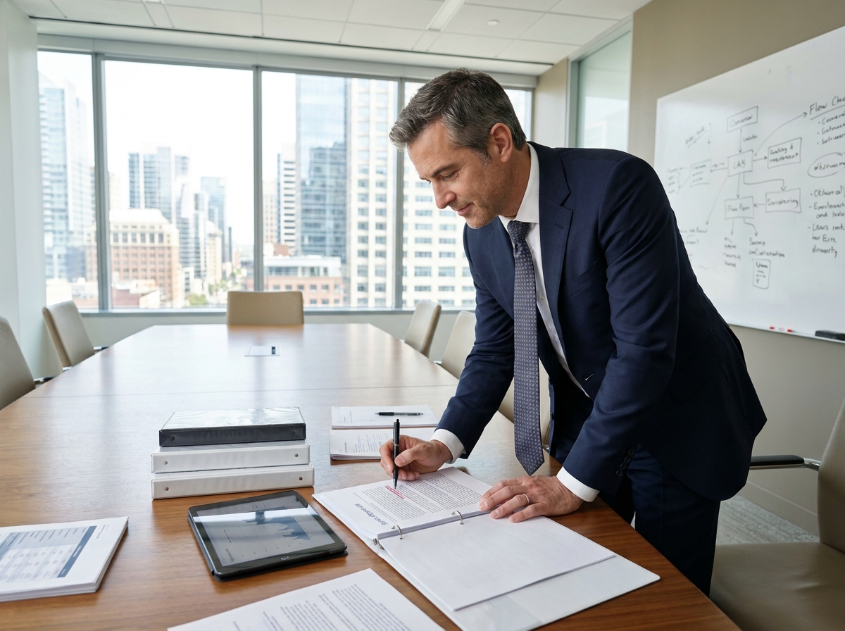 Homme en réunion analysant un rapport avec un stylo