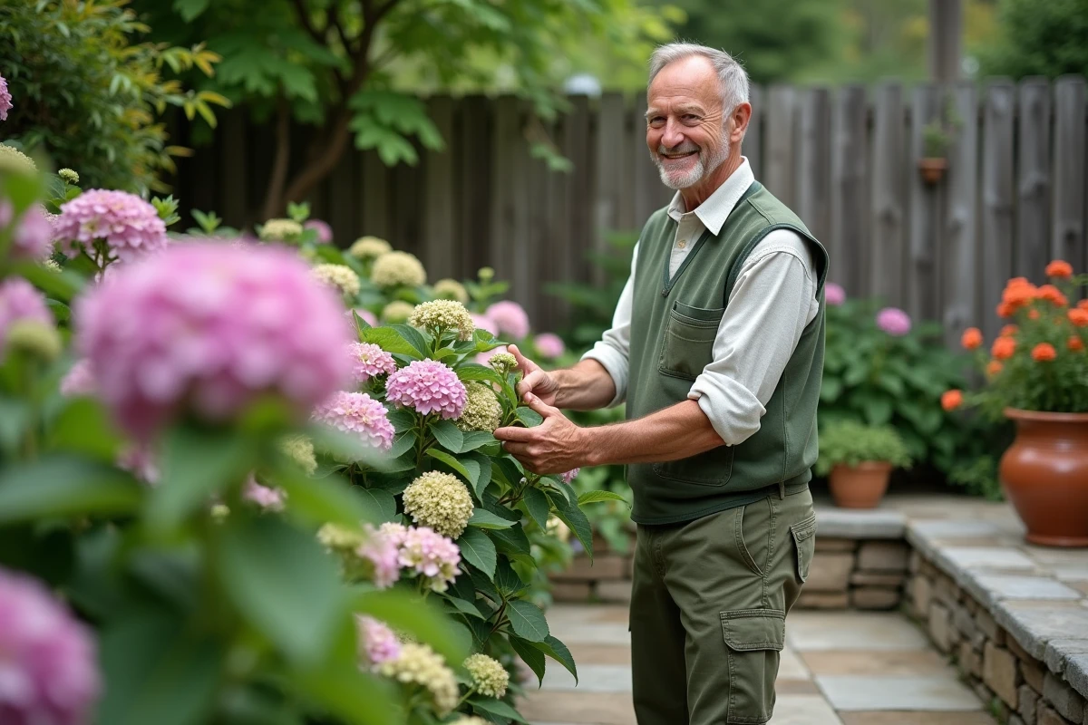 Homme taillant un hortensia dans le jardin