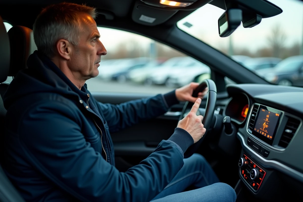 Homme d'âge moyen pointant une alarme sur le tableau de bord