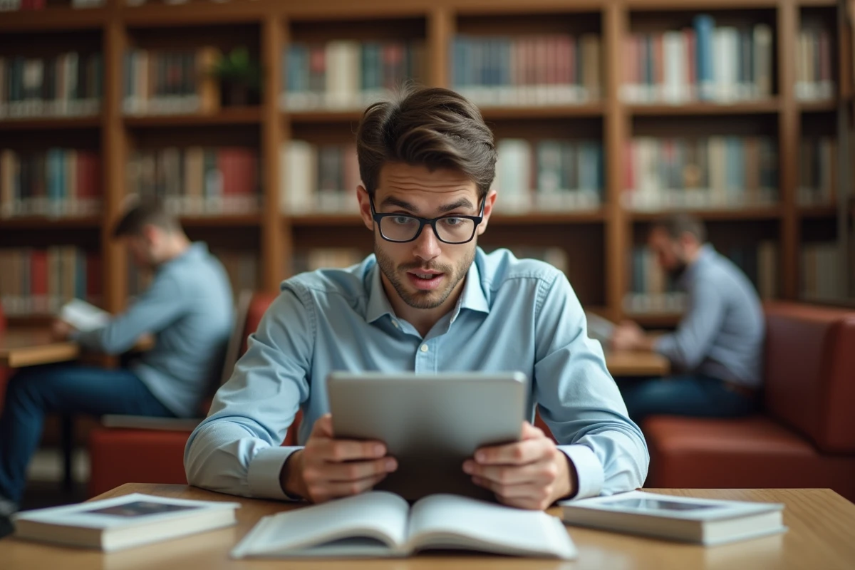 Jeune homme surpris regardant une tablette dans une bibliothèque