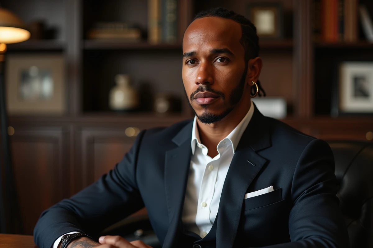Portrait de Lewis Hamilton en costume dans un bureau élégant