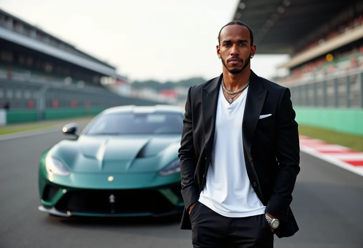 Lewis Hamilton avec une voiture de course sur un circuit