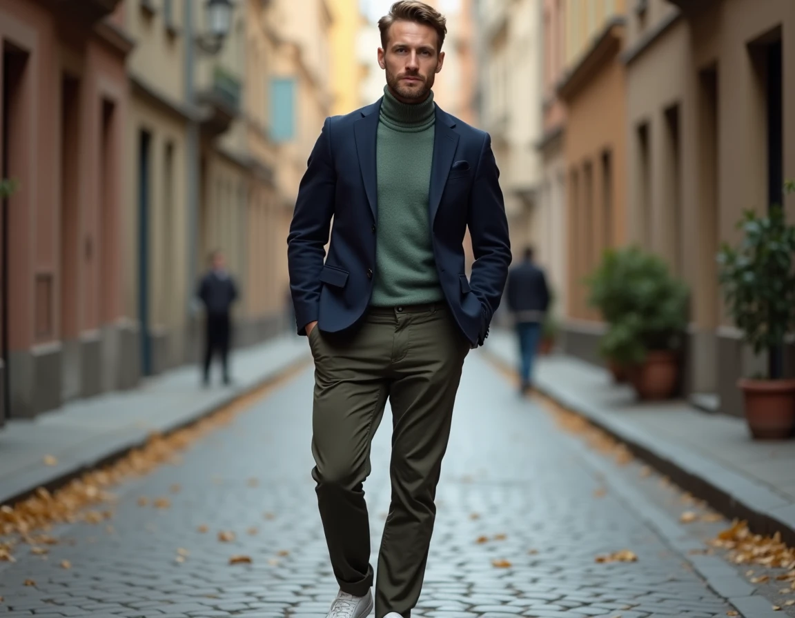 Homme stylé en blazer marine et chino olive dans une rue pavée européenne en automne