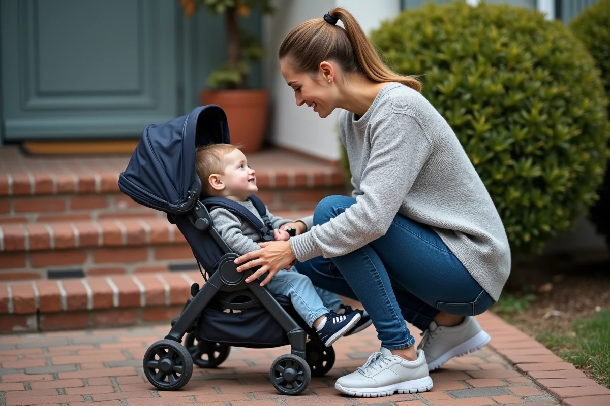 Maman et enfant dans une sortie matinale devant la maison