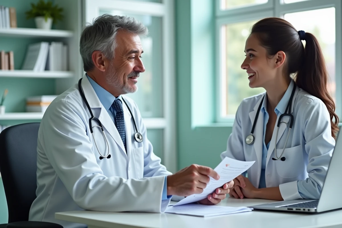 Medecin expliquant les resultats HCG a un couple dans un cabinet medical lumineux