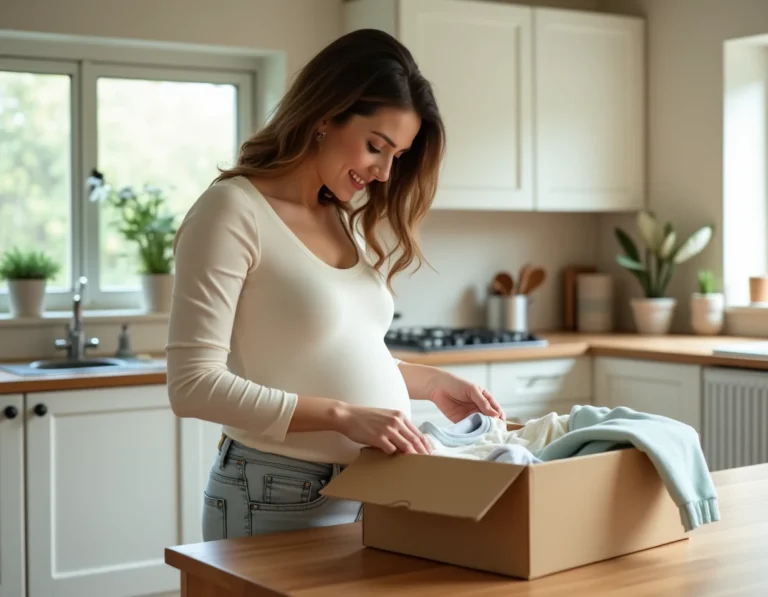 Jeune mère découvrant le contenu d'une box naissance gratuite posée sur une table en bois dans une cuisine familiale