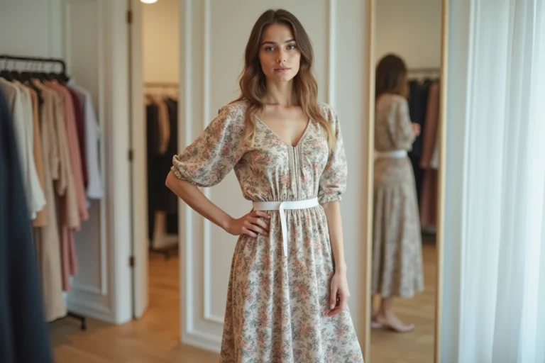 Femme mesurant la longueur de sa robe midi dans une cabine d'essayage moderne avec un mètre ruban