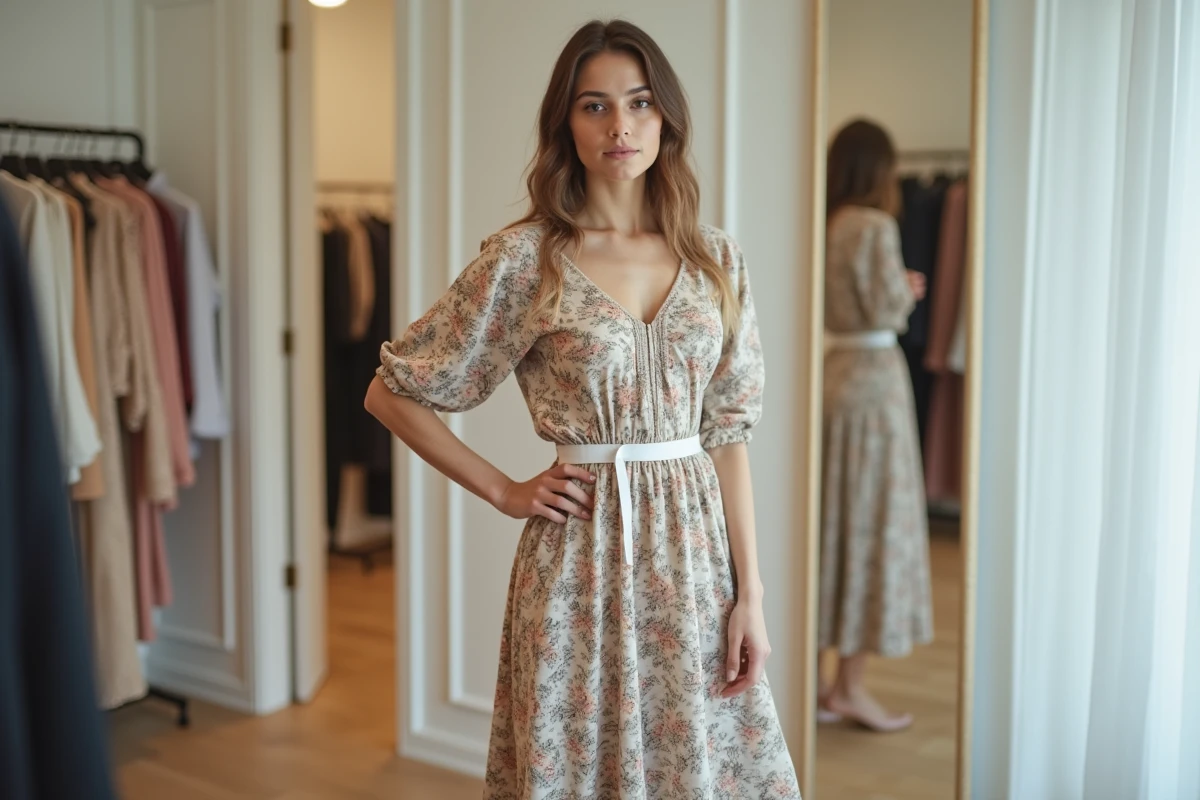 Femme mesurant la longueur de sa robe midi dans une cabine d'essayage moderne avec un mètre ruban
