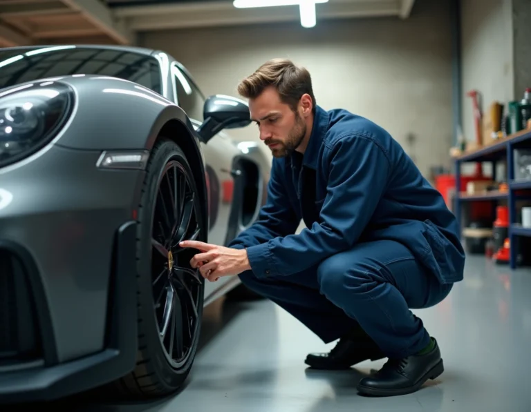 Passionné d'automobile inspectant la jante d'une voiture de sport moderne dans un garage privé contemporain