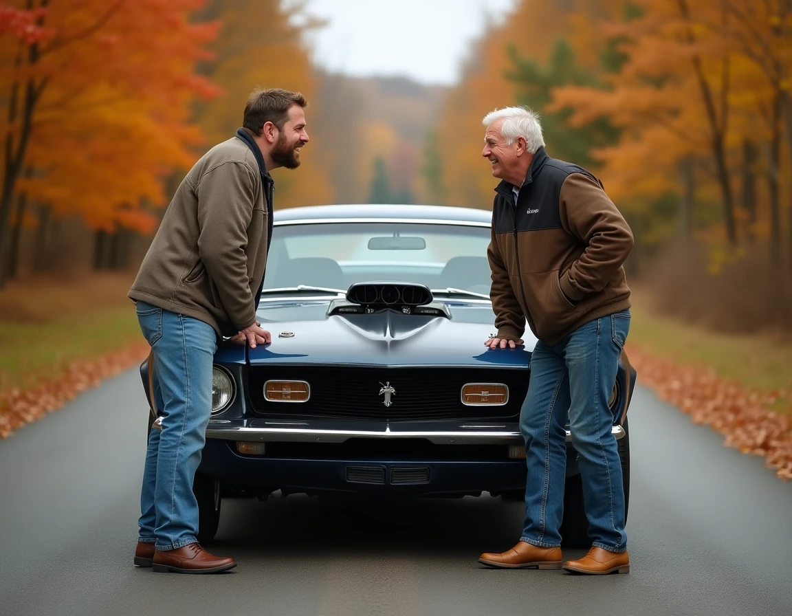 Deux passionnés d'automobile discutant devant le capot ouvert d'un muscle car restauré sur une route rurale en automne