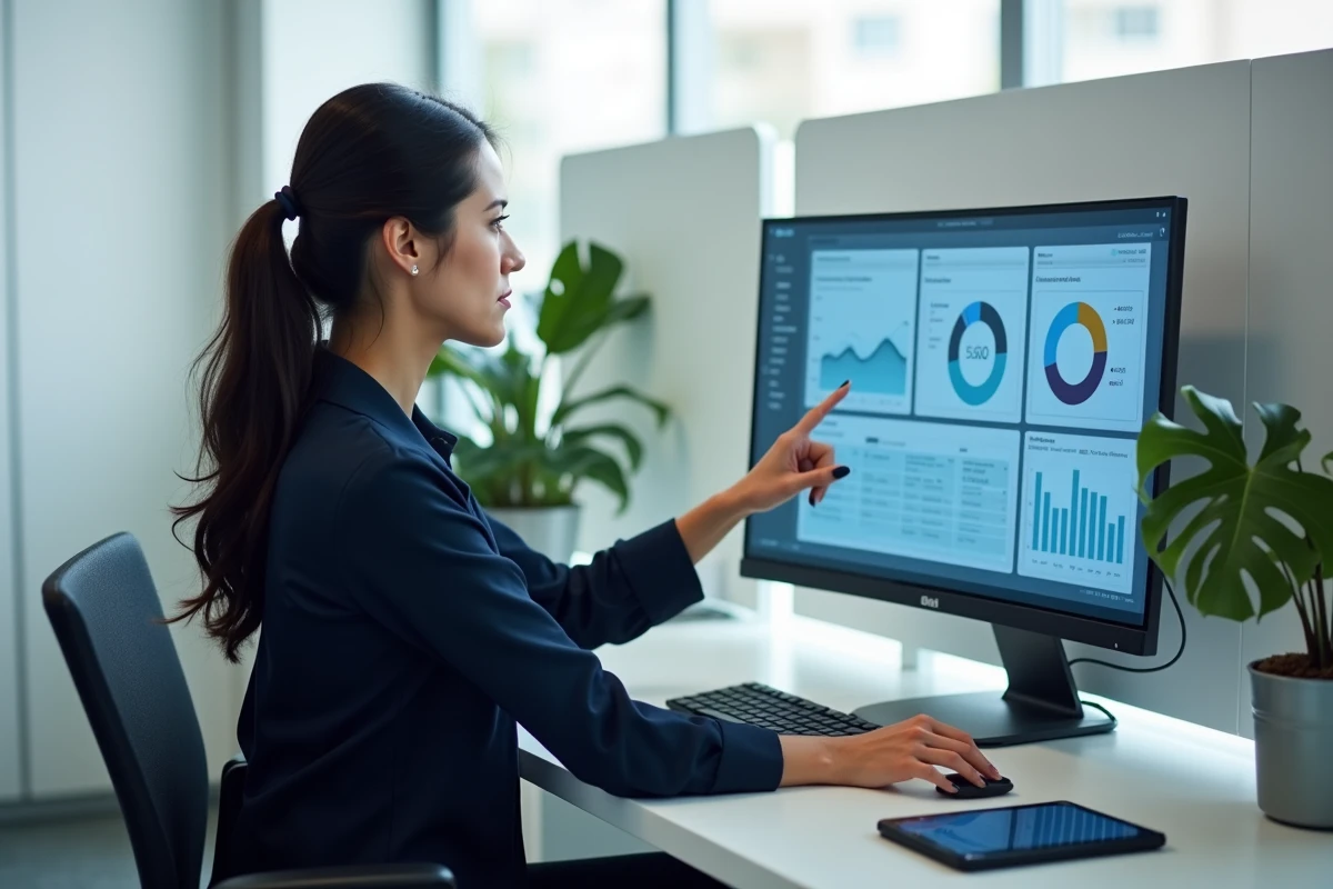 Professionnelle d'une agence digitale analysant un tableau de bord de communication web sur un grand écran incurvé dans un bureau moderne