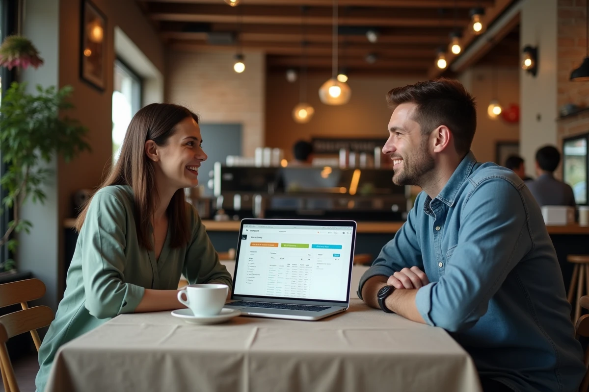 Deux professionnels discutant d'une plateforme freelance alternative à Kordoz dans un café urbain avec laptop