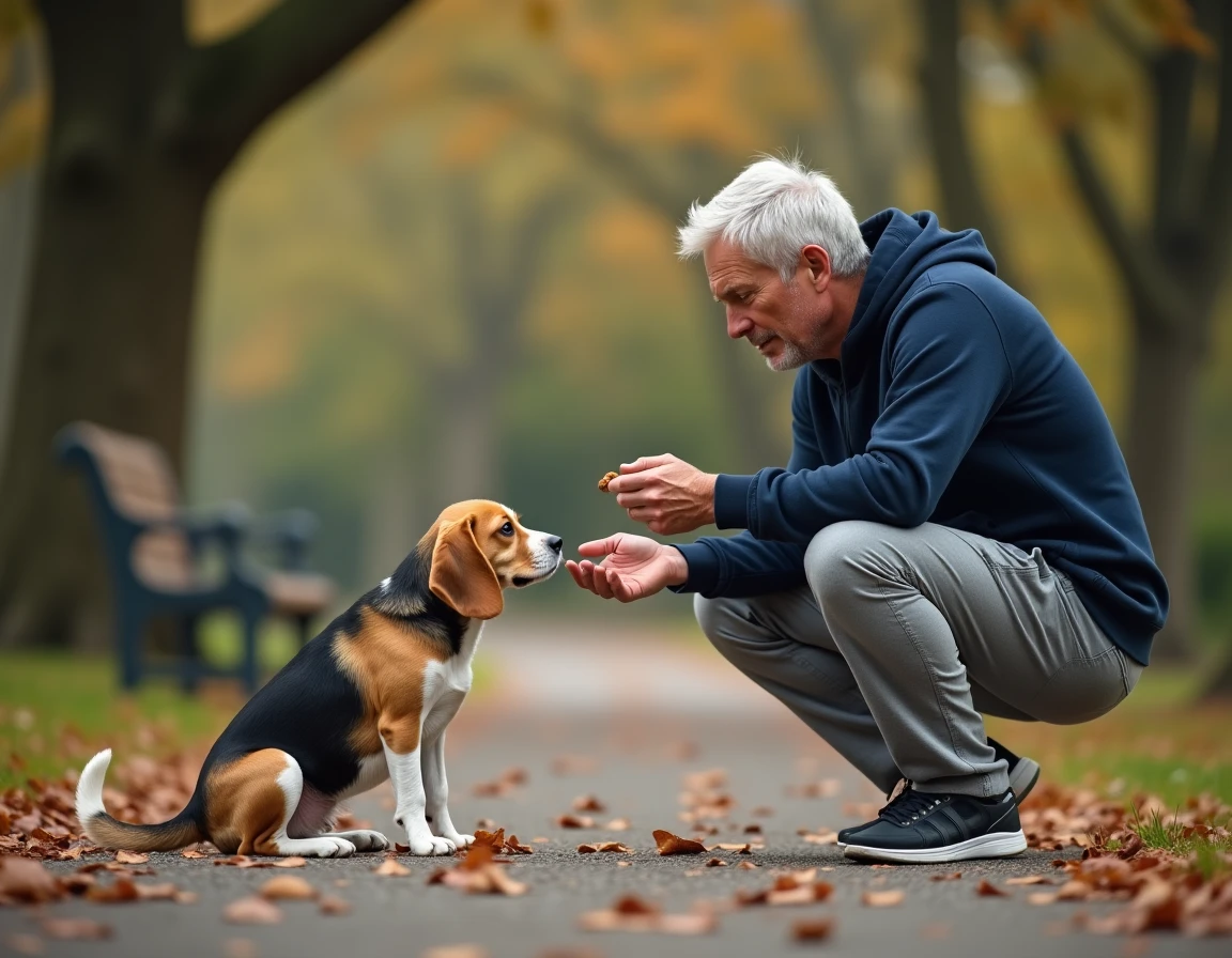 Homme tentant de motiver son beagle apathique dans un parc en automne, symptômes de dépression canine