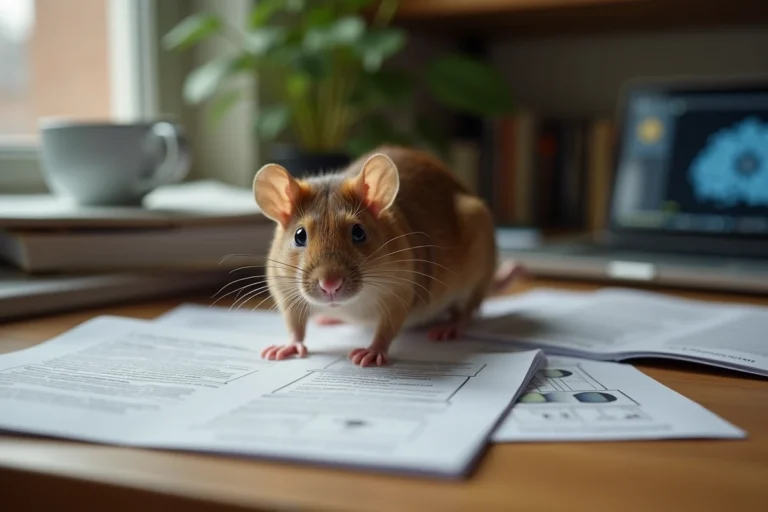 Rat brun sur brochure médicale dans un bureau cosy