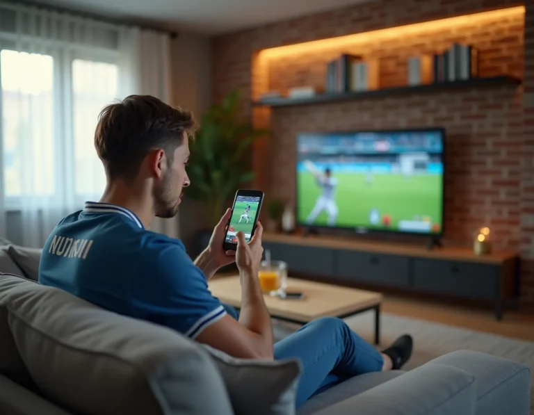 Jeune homme regardant un match de cricket en streaming sur smartphone et télévision dans son salon moderne