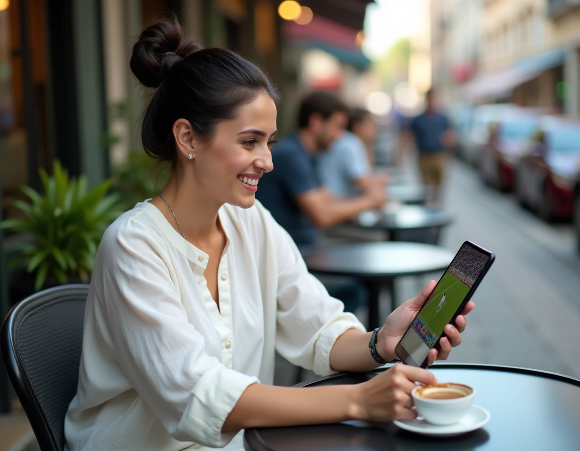 Femme regardant un match de cricket en direct sur tablette dans un café en terrasse