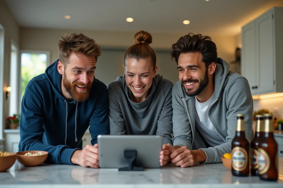Groupe d'amis regardant un match de rugby en streaming sur une tablette dans une cuisine moderne