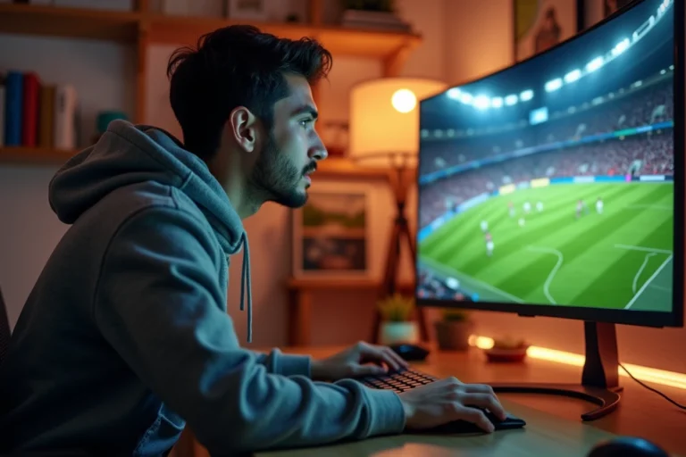 Jeune homme regardant un match de football en streaming sur son ordinateur à domicile