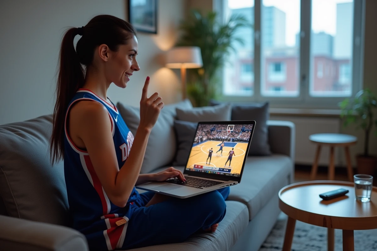Femme en maillot de sport regardant un match de basket en streaming sur son canapé