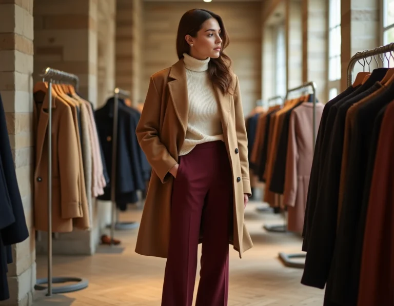 Jeune femme élégante en manteau camel et pantalon bordeaux large dans une boutique parisienne