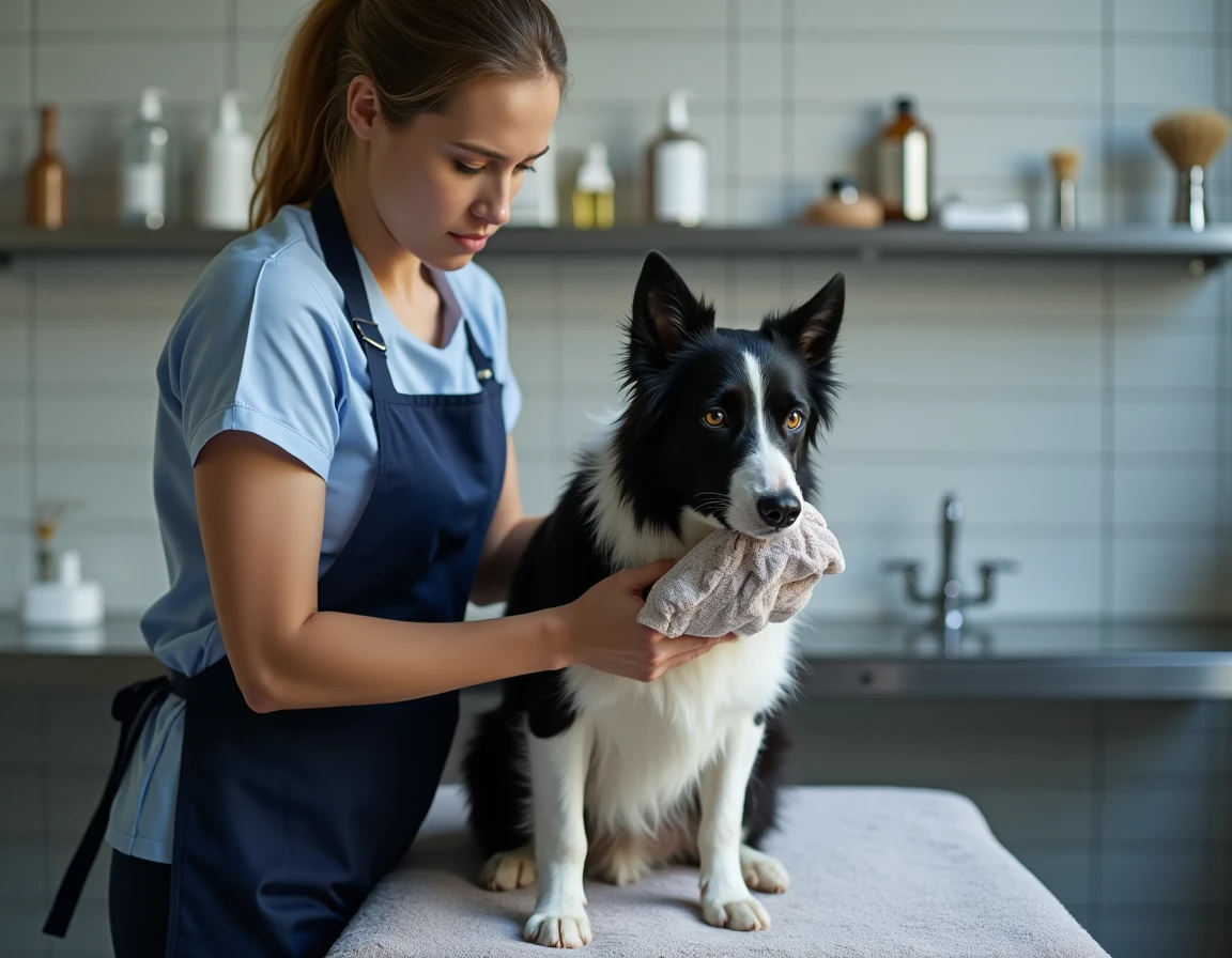 Toiletteuse professionnelle séchant un border collie stressé sur une table de toilettage dans un salon professionnel